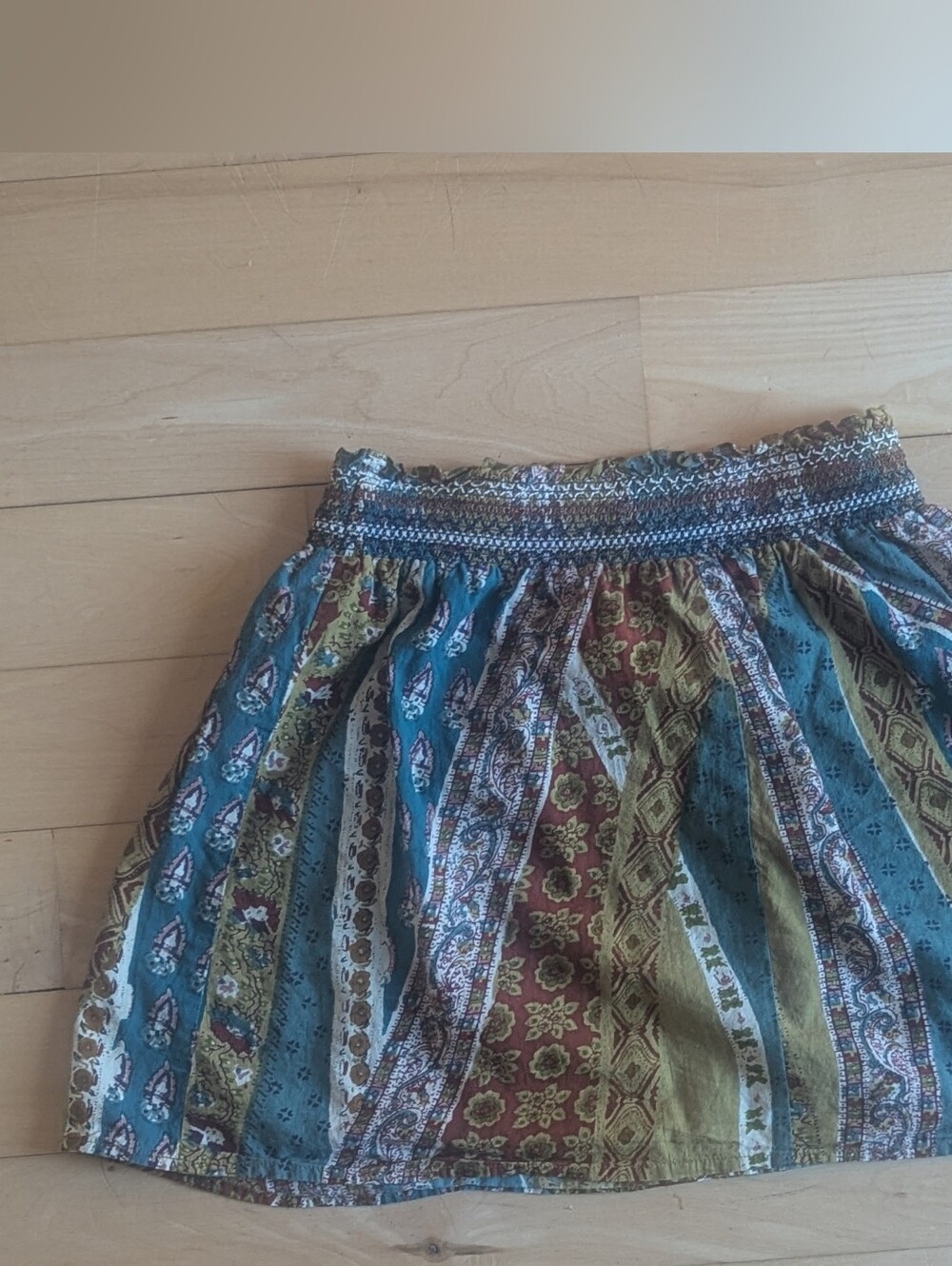 Blue Asphalt Striped Smocked Mini Skirt - Teal, Olive & Rust